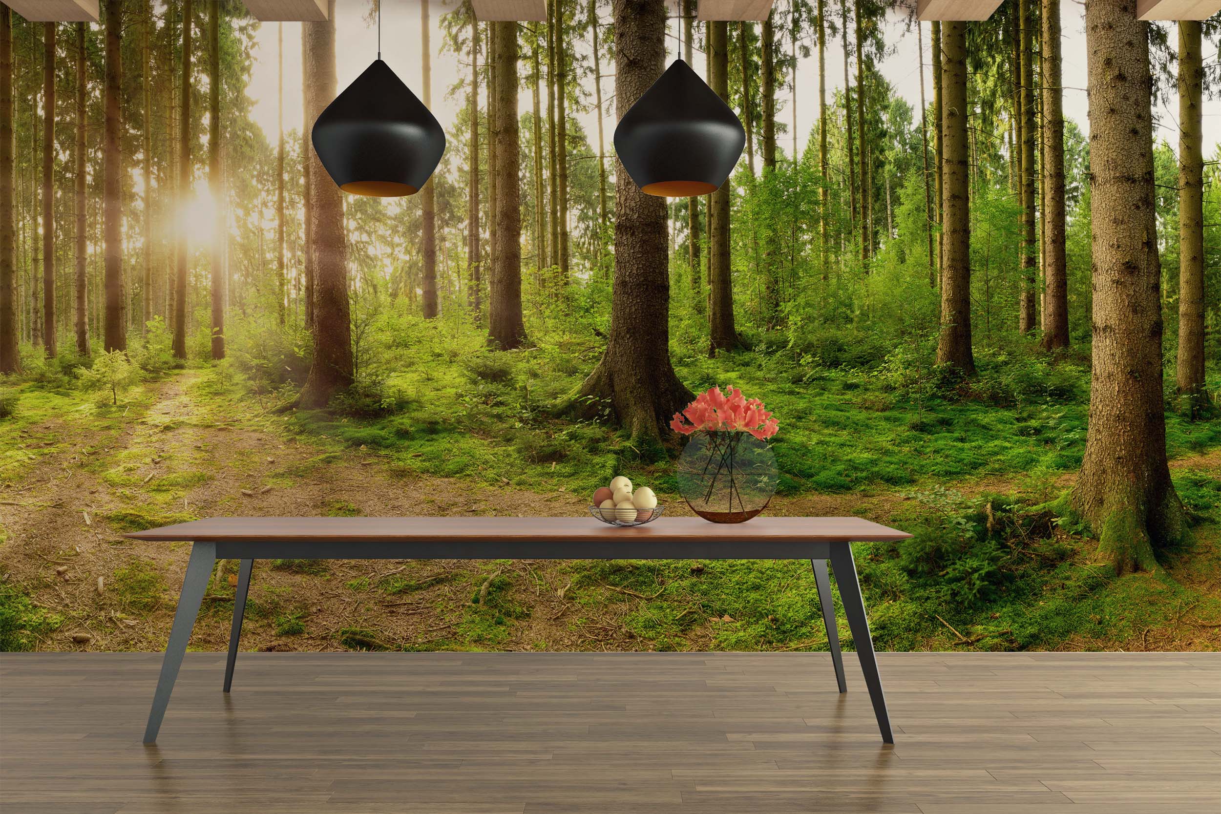 Beautiful forest panorama with bright sun shining through the trees_03